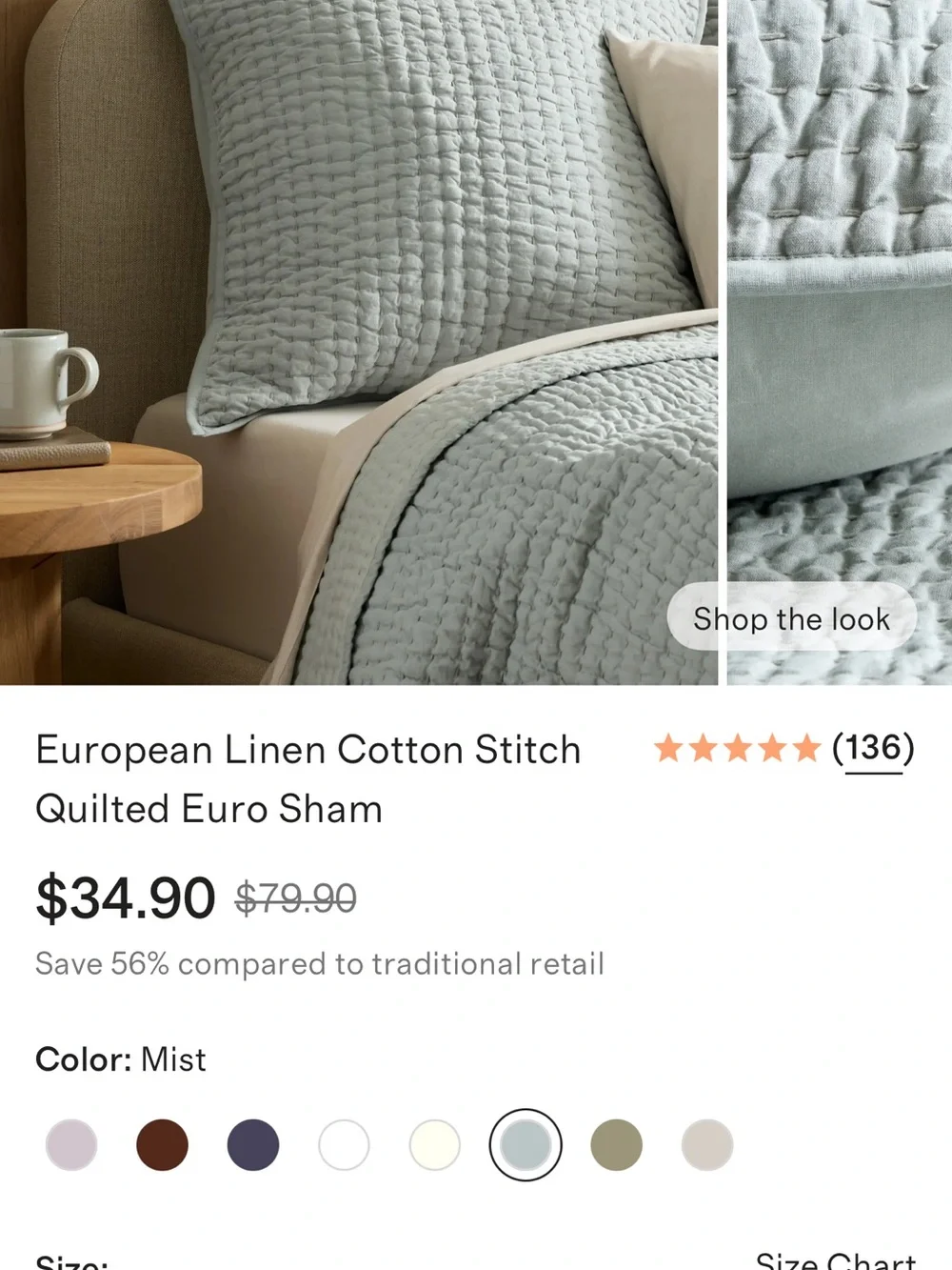 Quince Linen and Cotton Euro Pillow Sham Set in Mist - Retail $70